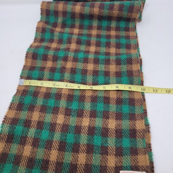 VINTAGE Scarf Shetland Wool Woven Scotland 54" X 10" Green Brown Tartan Fringe - Picture 4 of 5